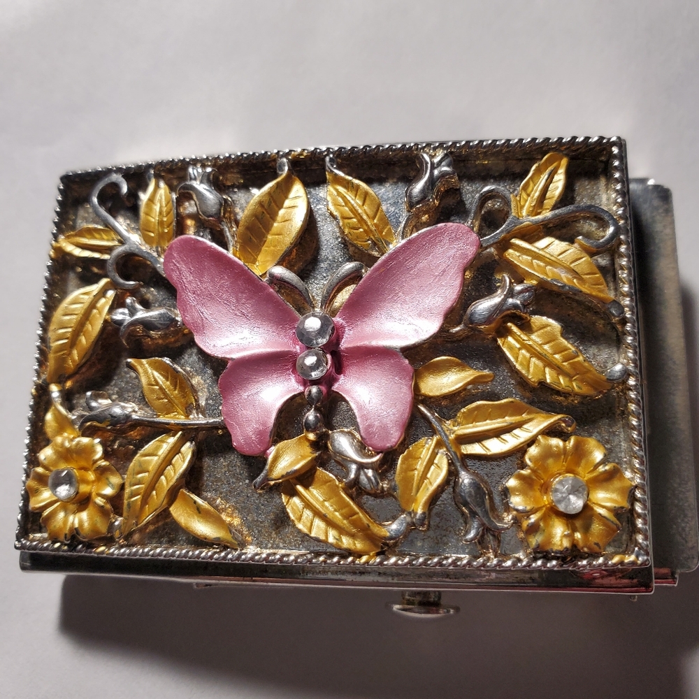 Vintage Silverplated Web Belt Buckle Enameled Pink Butterfly & Leaves